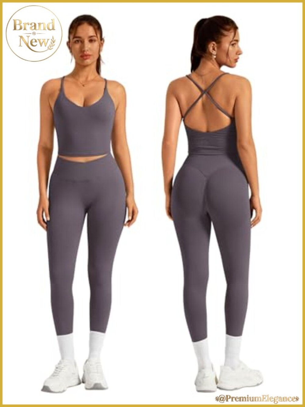 Women 2 Piece Seamless Workout Set Strappy Tank Crossover Leggings Gym